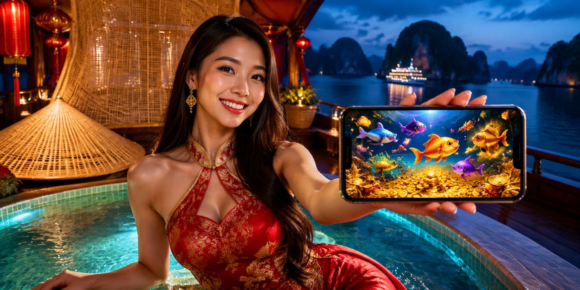Khung cảnh vịnh Hạ Long với hình ảnh ứng dụng casino trên điện thoại và nón lá truyền thống