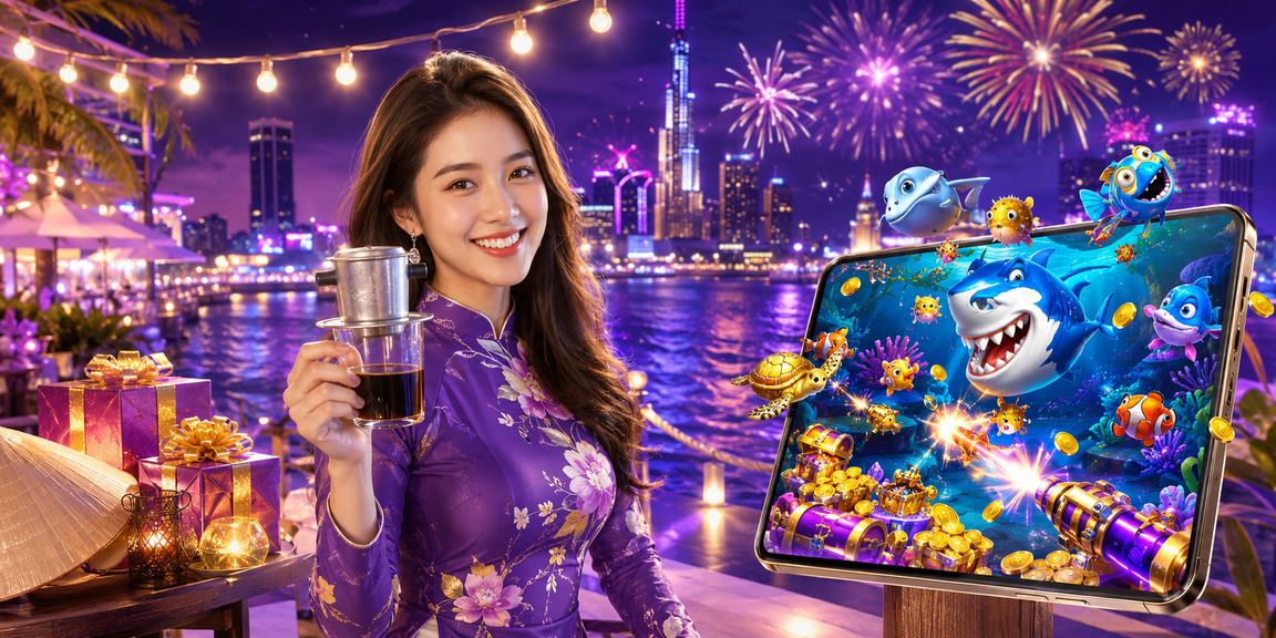Người dùng chơi bắn cá trực tuyến tại quán cà phê TP. Hồ Chí Minh với ly cà phê đặc trưng Việt Nam