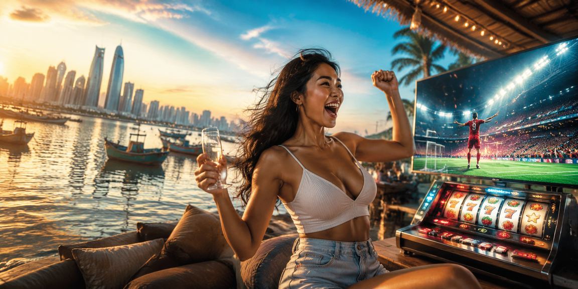 Bãi biển Mũi Né với màn hình slot game trên điện thoại, gợi cảm giác giải trí thư giãn