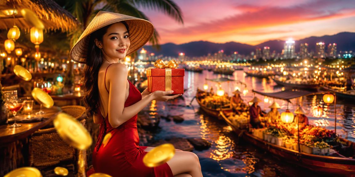 Khung cảnh biển Nha Trang với hình ảnh đăng ký nhận thưởng trên ứng dụng di động